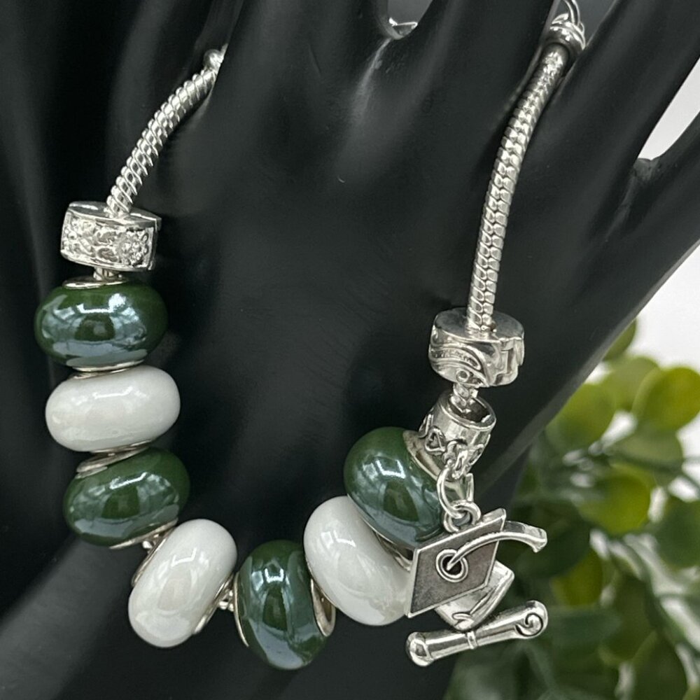 Pandora Style MSU Colligate Green/White Bracelet with Graduation Cap, NWOT